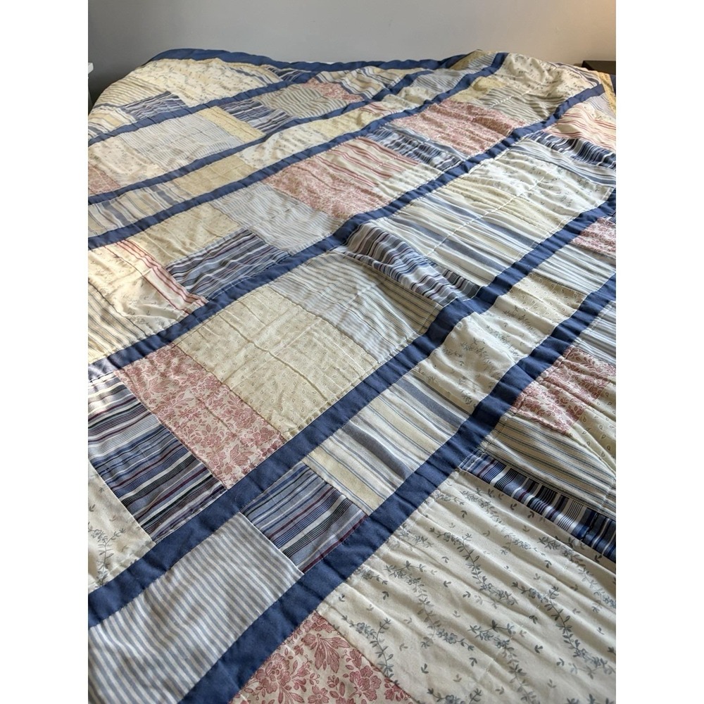 Vintage Patchwork Quilt 64x80" Blue Cream Taupe Farmhouse Lightweight Quilt
